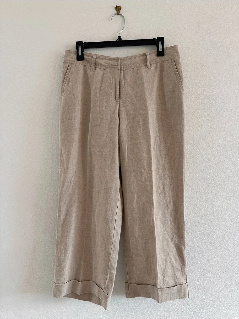 J. Jill Beige Wide-Leg Linen-Blend Cropped Flowy Chinos, Size 8